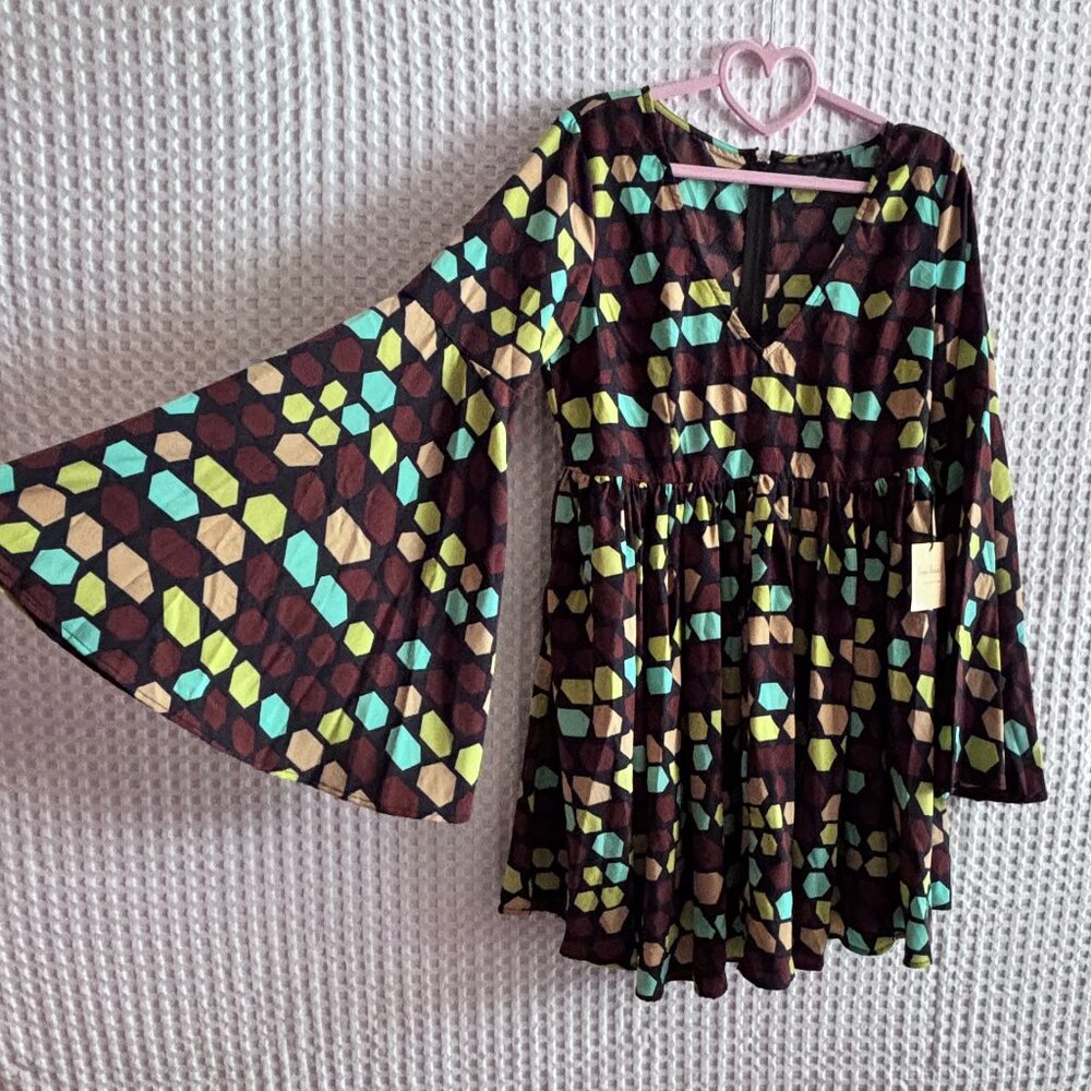 Unique Vintage Smak Parlour geo print bell sleeve dress NWT Size L (10-12)